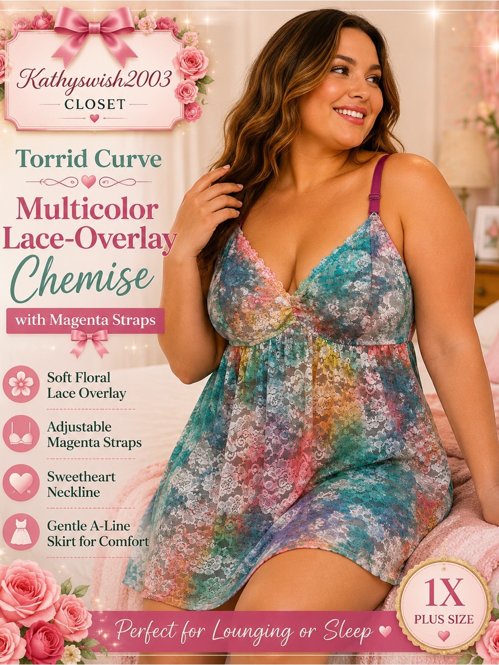 Multicolor Lace-Overlay Chemise with Magenta Straps
